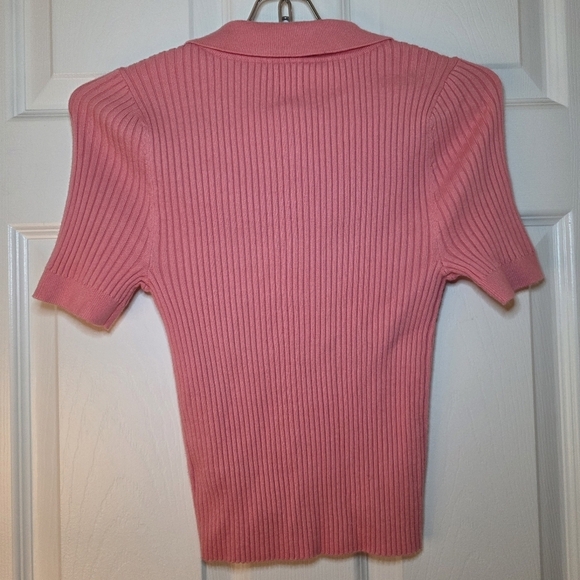 Aerie Ribbed Stretch Polo Top Short Sleeve Knit Sweater Shirt Coral Pink M - Picture 4 of 8